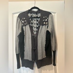 Buckle Women’s Gray and Black Jeweled Multi-Textured Cardigan Sweater. X-Large